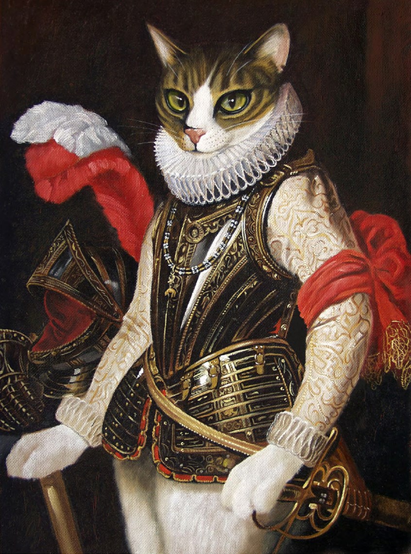 illustration of Classic portrait of Cat - Tudor Cat, done for self promotion, oil paintings, digital paintings, portraits of animals, pastiche, classical paintings, landscapes, editorial, advertising, acrylic paintings