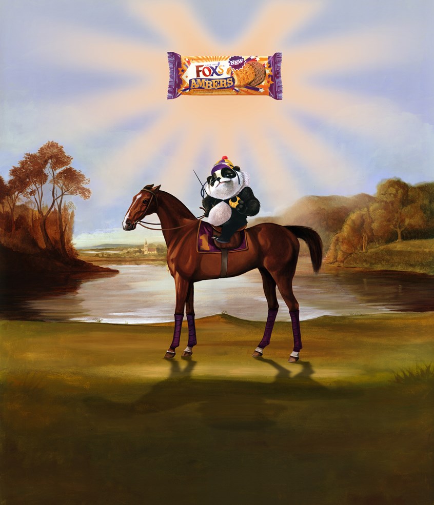 illustration of Vinnie the Panda riding a horse holding a biscuit. Painting in the style of George Stubbs, oil paintings, digital paintings, portraits of animals, pastiche, classical paintings, landscapes, editorial, advertising, acrylic paintings