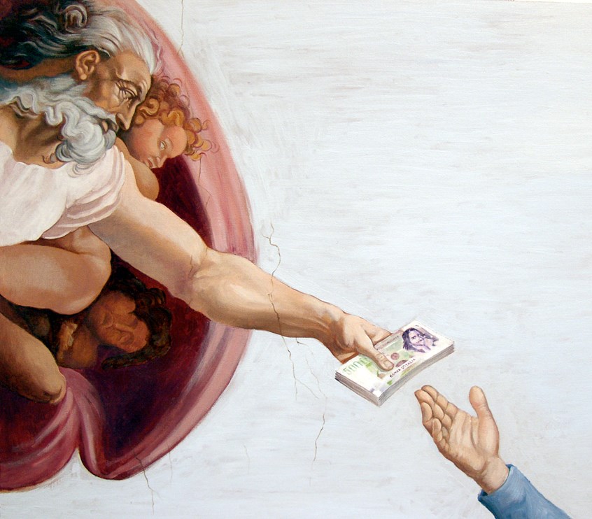 illustration of Michelangelo's Sistine Chapel painting applied to a banking ad, Painting in the style of Michelangelo, oil paintings, digital paintings, portraits, pastiche, classical paintings, landscapes, editorial, advertising, acrylic paintings.