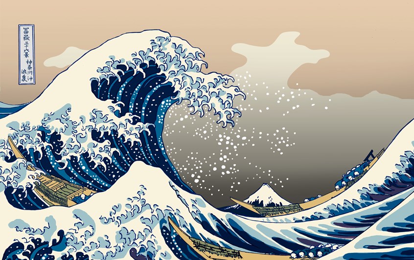 illustration of The Wave for Coors Beer Ad based on the The Great Wave off Kanagawa on the style by Hokusai, oil paintings, digital paintings, pastiche, classical paintings, landscapes, editorial, advertising, acrylic paintings
