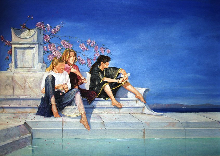 illustration of Three women by the poolside done for a private commission done on the Lawrence Alma-Tadema style, oil paintings, digital paintings, portraits, pastiche, classical paintings, landscapes, editorial, advertising, acrylic paintings.