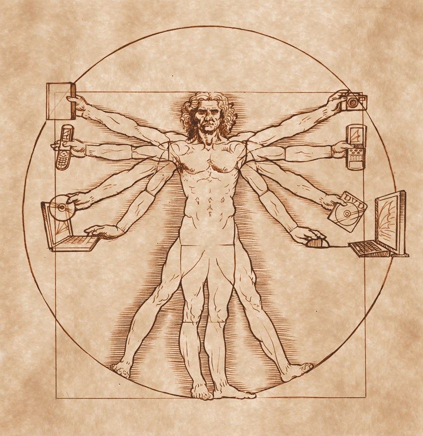 illustration of Updated version of the Vitruvian Man of Leonardo da Vinci for Media client AD, oil paintings, digital paintings, portraits, people, pastiche, classical paintings, landscapes, editorial, advertising, acrylic paintings, poster, impressionistic, graphic style, pen & ink drawing.