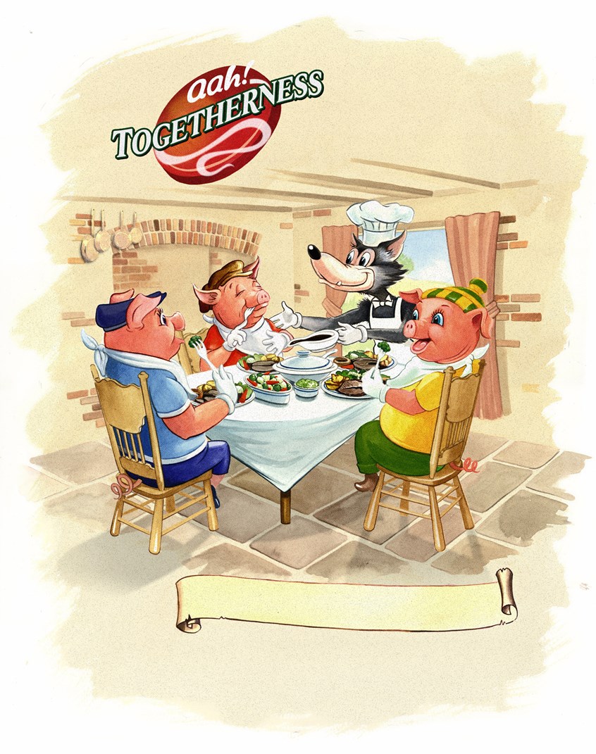 illustration of Illustration of three piggies and wolf for Bisto Press Ads, oil paintings, digital paintings, portraits, people, pastiche, classical paintings, landscapes, editorial, advertising, acrylic paintings, poster, impressionistic, graphic style, pen & ink drawing, classical chinese style painting, watercolor.