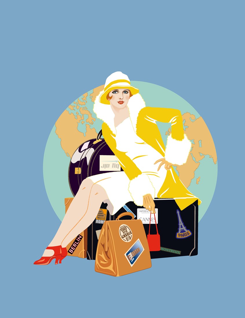 illustration of 1920's style illustration for Lady Magazine's cover travel poster, oil paintings, digital paintings, portraits, people, pastiche, classical paintings, landscapes, editorial, advertising, acrylic paintings, poster, impressionistic, graphic style, pen & ink drawing, classical chinese style painting, watercolor, 1920's style.