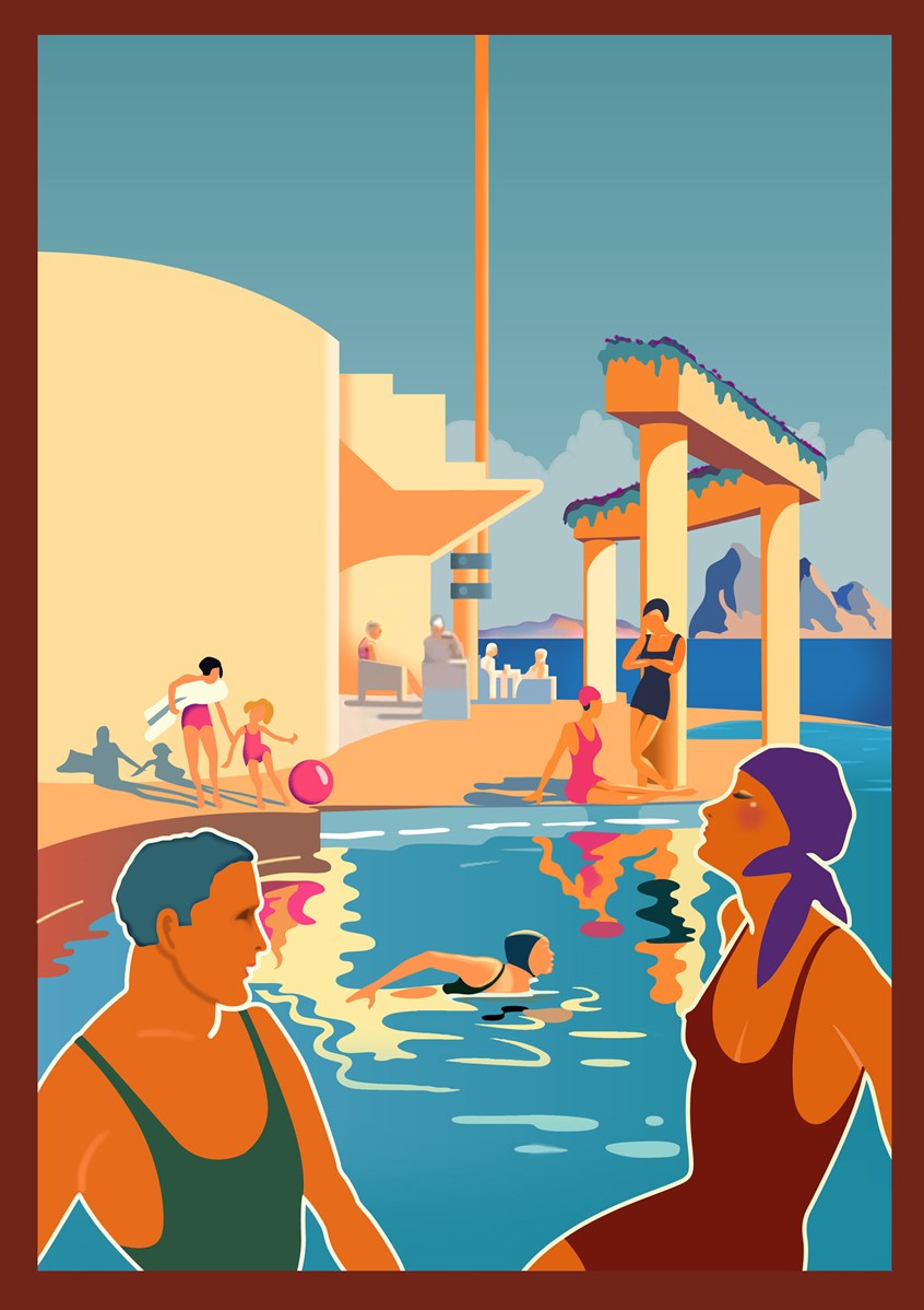 illustration of 1920's illustration of swimmers for magazine cover, oil paintings, digital paintings, portraits, people, pastiche, classical paintings, landscapes, editorial, advertising, acrylic paintings, poster, impressionistic, graphic style, pen & ink drawing, classical chinese style painting, watercolor, 1920's style.