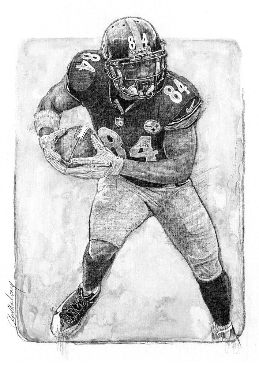 illustration of B/W portrait/montage of the football player Antonio Brown done in pencil, sports, soccer, personalities, people, football players, baseball players, pencil drawings, montage, oil paintings, acrylic paintings, mixed media, realistic paintings, line drawings, pen & ink drawings.