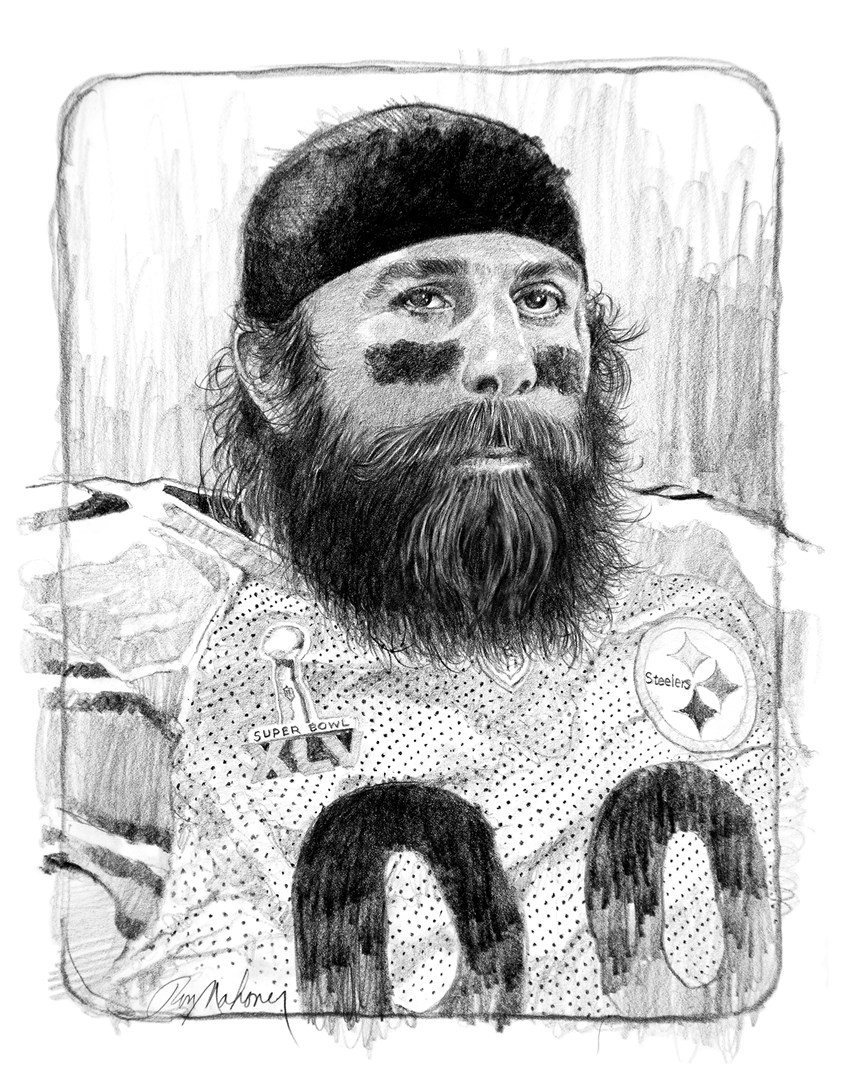 illustration of B/W portrait/montage of the football player Brett Keisel done in pencil, sports, soccer, personalities, people, football players, baseball players, pencil drawings, montage, oil paintings, acrylic paintings, mixed media, realistic paintings, line drawings, pen & ink drawings.