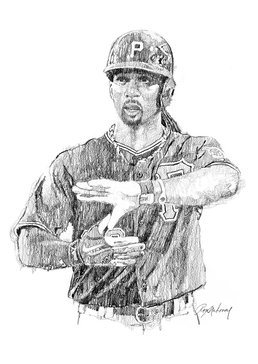 illustration of B/W portrait/montage of the baseball player Andre McCutchen done in pencil, sports, soccer, personalities, people, football players, baseball players, pencil drawings, montage, oil paintings, acrylic paintings, mixed media, realistic paintings, line drawings, pen & ink drawings.