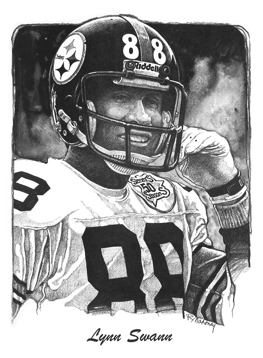 illustration of B/W portrait/montage of the football player Lynn Swann done in pencil, sports, soccer, personalities, people, football players, baseball players, pencil drawings, montage, oil paintings, acrylic paintings, mixed media, realistic paintings, line drawings, pen & ink drawings.