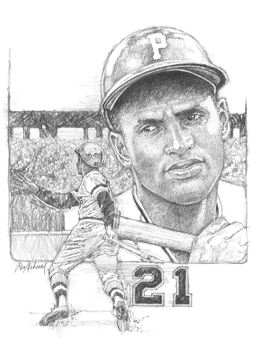 illustration of B/W portrait/montage of the baseball player Roberto Clemente done in pencil, sports, soccer, personalities, people, football players, baseball players, pencil drawings, montage, oil paintings, acrylic paintings, mixed media, realistic paintings, line drawings, pen & ink drawings, realism, painterly.