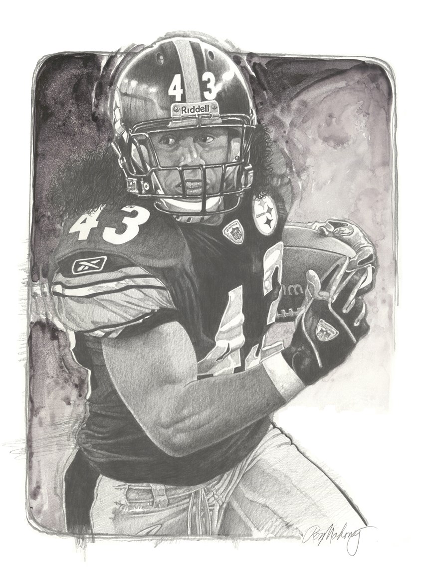 illustration of B/W portrait/montage of the football player Troy Polamalu done in pencil, sports, soccer, personalities, people, football players, baseball players, pencil drawings, montage, oil paintings, acrylic paintings, mixed media, realistic paintings, line drawings, pen & ink drawings.