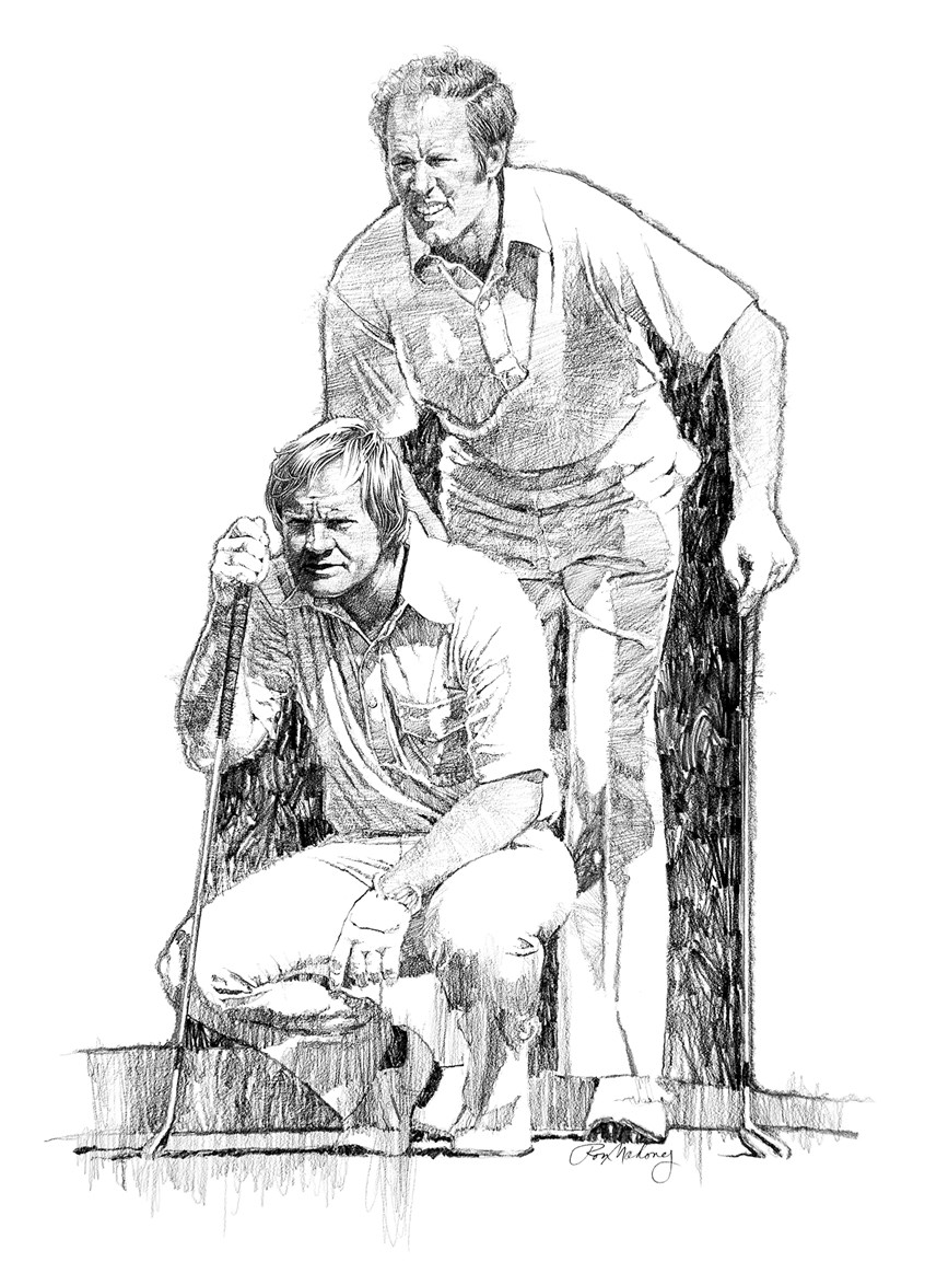 illustration of B/W portrait/montage of the golf player Jack Nicklaus done in pencil, sports, soccer, personalities, people, football players, baseball players, pencil drawings, montage, oil paintings, acrylic paintings, mixed media, realistic paintings, line drawings, pen & ink drawings.