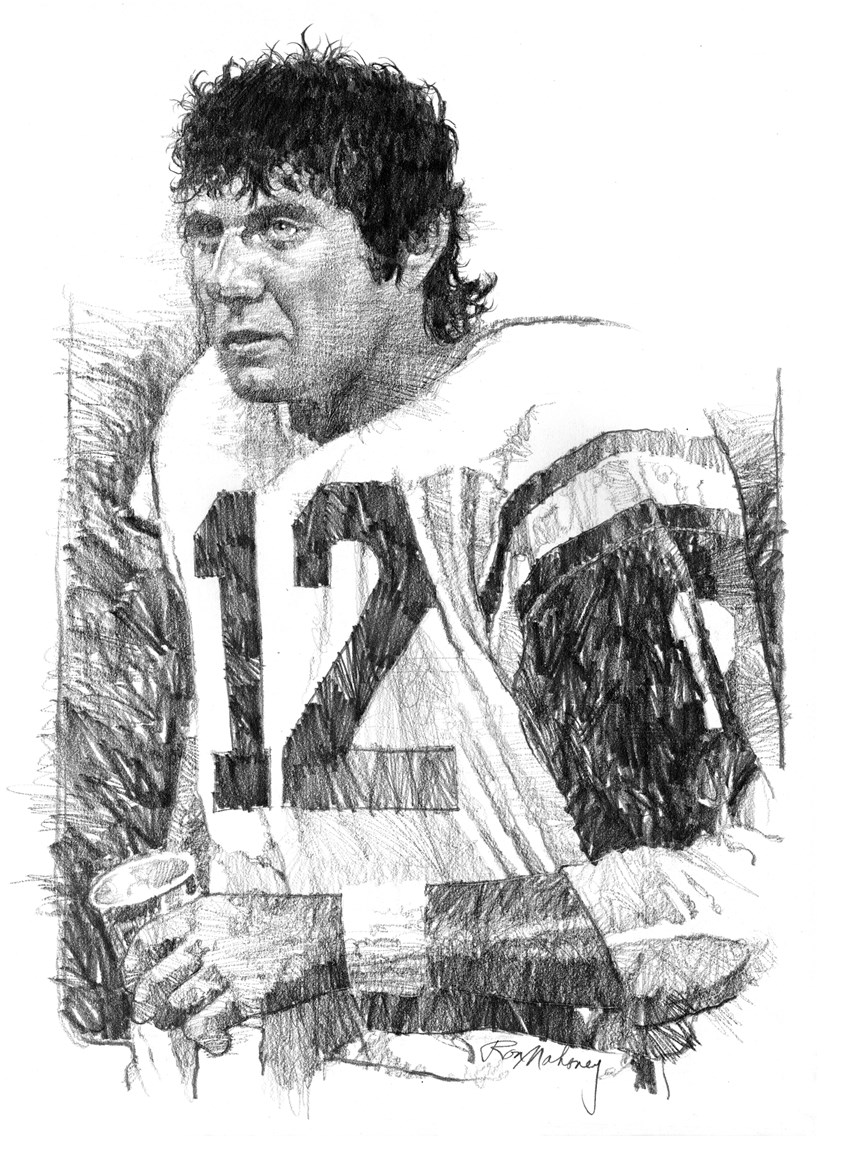 illustration of B/W portrait/montage of the football player Joe Namath done in pencil, sports, soccer, personalities, people, football players, baseball players, pencil drawings, montage, oil paintings, acrylic paintings, mixed media, realistic paintings, line drawings, pen & ink drawings, painterly.