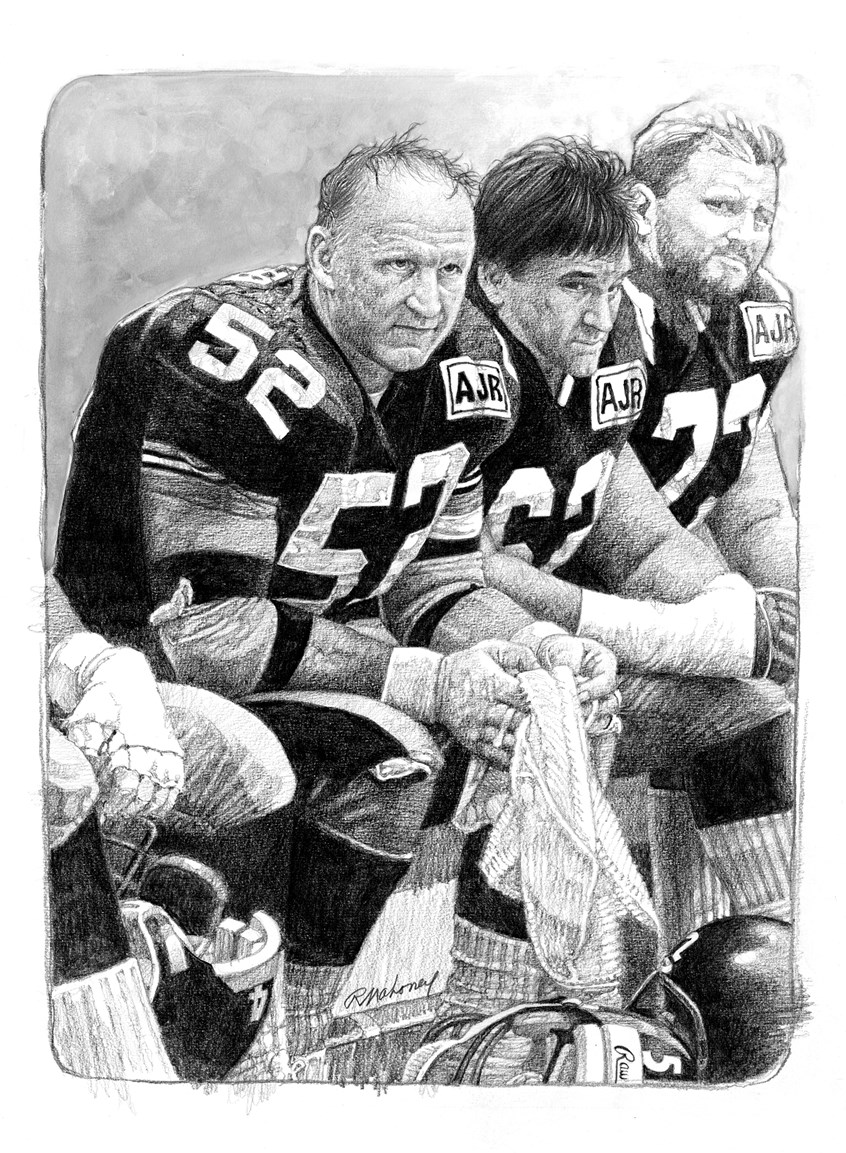 illustration of B/W portrait/montage of three football players from the Pittsburgh Steelers done in pencil, sports, soccer, personalities, people, football players, baseball players, pencil drawings, montage, oil paintings, acrylic paintings, mixed media, realistic paintings, line drawings, pen & ink drawings, painterly.