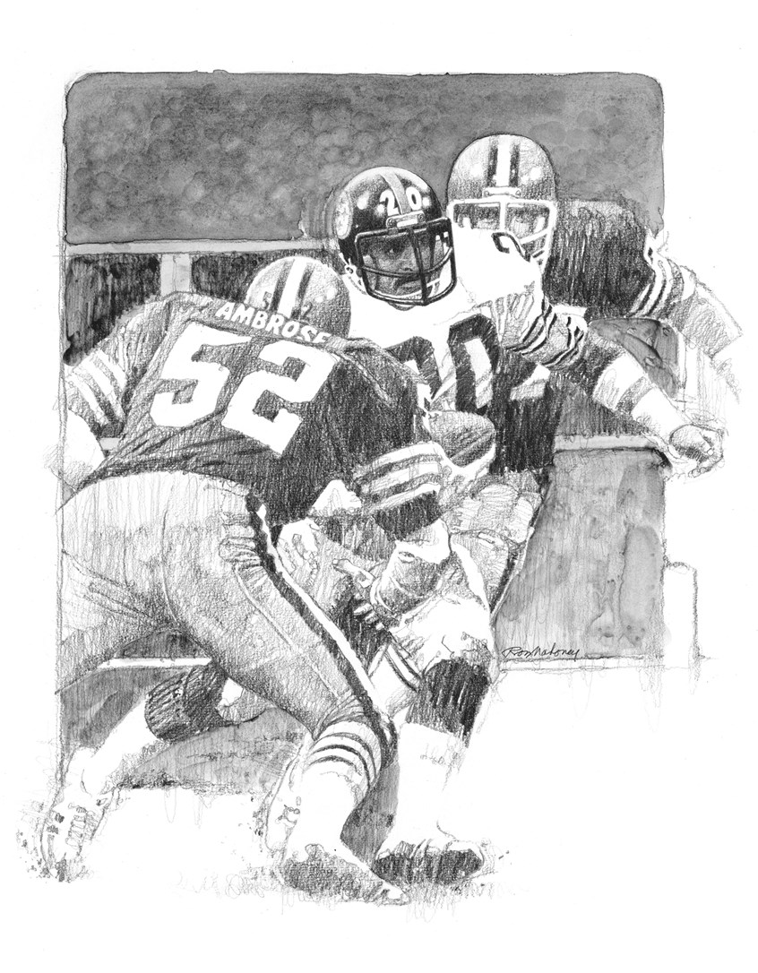 illustration of B/W portrait/montage of the football player Rocky Bleier done in pencil, sports, soccer, personalities, people, football players, baseball players, pencil drawings, montage, oil paintings, acrylic paintings, mixed media, realistic paintings, line drawings, pen & ink drawings, painterly.