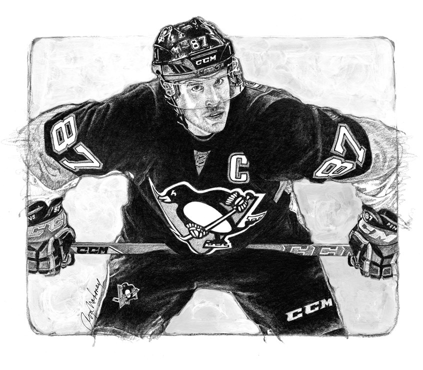 illustration of B/W portrait/montage of the hockey player Stanley Crosby done in pencil, sports, soccer, personalities, people, football players, baseball players, pencil drawings, montage, oil paintings, acrylic paintings, mixed media, realistic paintings, line drawings, pen & ink drawings, painterly.