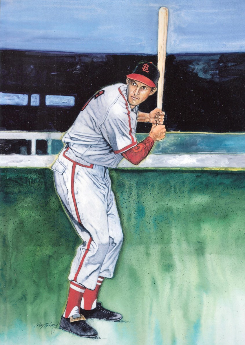 illustration of F/C portrait/montage of the baseball player Stan Musial done in acrylic, sports, soccer, personalities, people, football players, baseball players, pencil drawings, montage, oil paintings, acrylic paintings, mixed media, realistic paintings, line drawings, pen & ink drawings, painterly, realism.