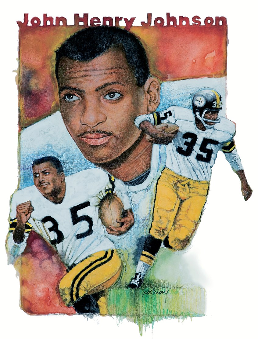 illustration of F/C portrait/montage of the football player John Henry Johnson done in acrylic, sports, soccer, personalities, people, football players, baseball players, pencil drawings, montage, oil paintings, acrylic paintings, mixed media, realistic paintings, line drawings, pen & ink drawings, painterly, realism.