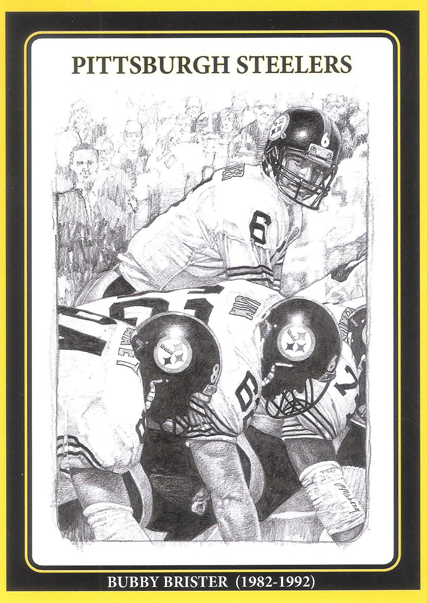 illustration of B/W portrait/montage of the football player Bubby Brister done in acrylic, sports, soccer, personalities, people, football players, baseball players, pencil drawings, montage, oil paintings, acrylic paintings, mixed media, realistic paintings, line drawings, pen & ink drawings, painterly, realism.