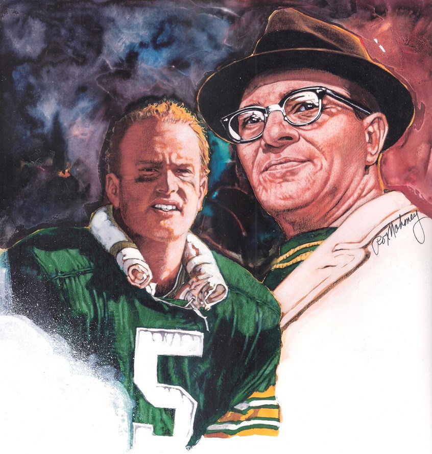 illustration of F/C portrait/montage of the football player Paul Hornung with Vincent Lombardi done in acrylic, sports, soccer, personalities, people, football players, baseball players, pencil drawings, montage, oil paintings, acrylic paintings, mixed media, realistic paintings, line drawings, pen & ink drawings, painterly, realism.