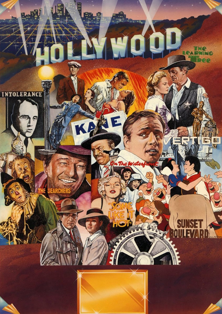 illustration of F/C montage of poster of best movies ever produced done in acrylic, sports, soccer, personalities, people, football players, baseball players, pencil drawings, montage, oil paintings, acrylic paintings, mixed media, realistic paintings, line drawings, pen & ink drawings, painterly, realism, posters.