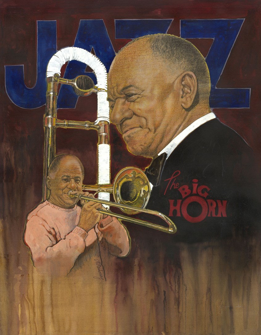 illustration of F/C portrait/montage of the jazz musician Harold Betters done in acrylic, sports, soccer, personalities, people, football players, baseball players, pencil drawings, montage, oil paintings, acrylic paintings, mixed media, realistic paintings, line drawings, pen & ink drawings, painterly, realism, posters.