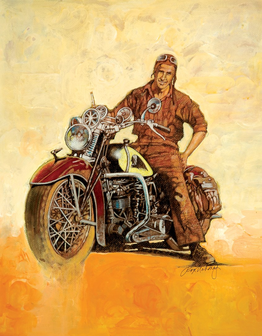 illustration of F/C illustration of man ridding an Indian Motorcycle done in acrylic, sports, soccer, personalities, people, football players, baseball players, pencil drawings, montage, oil paintings, acrylic paintings, mixed media, realistic paintings, line drawings, pen & ink drawings, painterly, realism, posters.