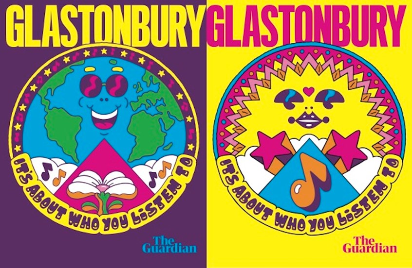 illustration of Creative branding illustrations for The Guardian/Observer at Glastonbury Festival 2022. music, love, psychedelic, free, hippy, trippy, world, sun, logo, branding, newspaper, editorial, graffiti art, street art, 1960s, 1970s.