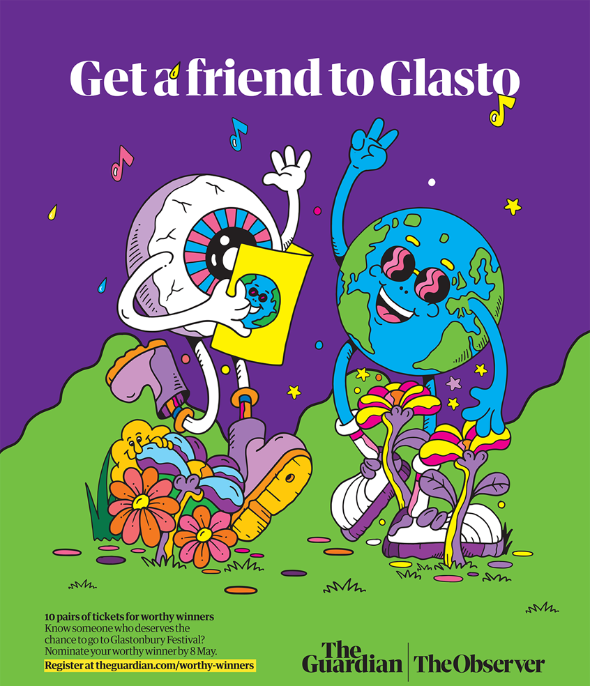 illustration of Editorial ad for the Guardian / Observer in collaboration with Glastonbury Festival 2022. music, festival, love, freedom, character design, globe, Earth, graffiti, street art, 1960s, 1970s, trippy, hippy, psychedelic,