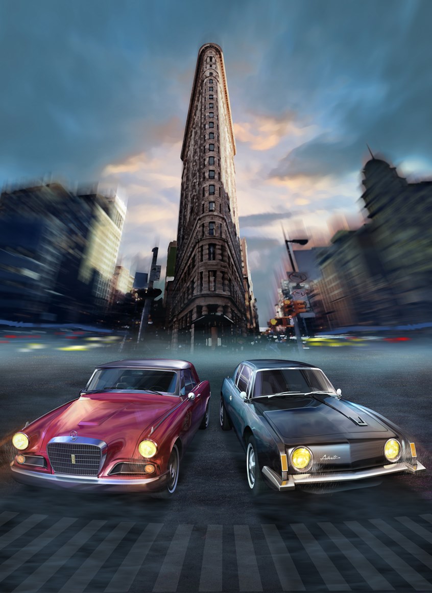 illustration of F/C illustration of Studebaker models Avanti and Hawk with the Flat Iron Bldg. - NYC in the background, digital image, photoshop image, realism, realistic images, automotive images, 3D imaging, car images, cutaway images, architecture, technical images, science, scientific images, vector images, product images, airplanes,
motor engines, cutaway of cars, cutaway of engines, corporate, book covers, magazines.