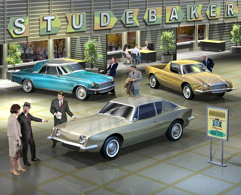 illustration of F/C illustration of Studebaker Showroom circa 1960's, digital image, photoshop image, realism, realistic images, automotive images, 3D imaging, car images, cutaway images, architecture, technical images, science, scientific images, vector images, product images, airplanes, motor engines, cutaway of cars, cutaway of engines, corporate, book covers, magazines.