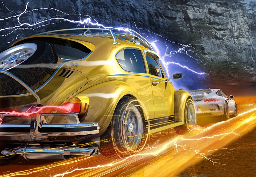 illustration of F/C illustration of Futuristic VW for toy packaging , digital image, photoshop image, realism, realistic images, automotive images, 3D imaging, car images, cutaway images, architecture, technical images, science, scientific images, vector images, product images, airplanes, motor engines, cutaway of cars, cutaway of engines, corporate, book covers, magazines, cutaway of buildings, blueprint illustrations.