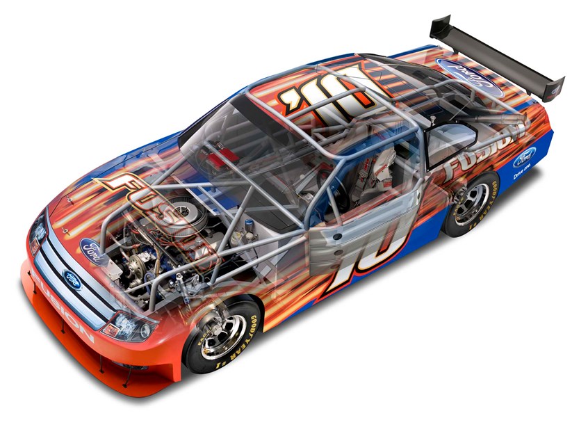 illustration of F/C illustration of see-through of Nascar car, digital image, photoshop image, realism, realistic images, automotive images, 3D imaging, car images, cutaway images, architecture, technical images, science, scientific images, vector images, product images, airplanes, motor engines, cutaway of cars, cutaway of engines, corporate, book covers, magazines, cutaway of buildings, blueprint illustrations.