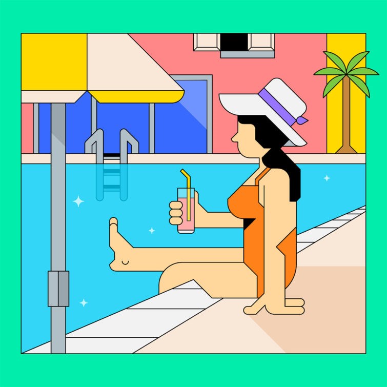 illustration of portrait, graphic, abstract, editorial illustration, design, publishing, tech, people, kids, sport, humour, cover, Sumer, vacation, holiday, relaxing, woman, pool, cocktail, editorial illustration, branding, publishing, advertising, packaging, gaming, brand, books, mural,