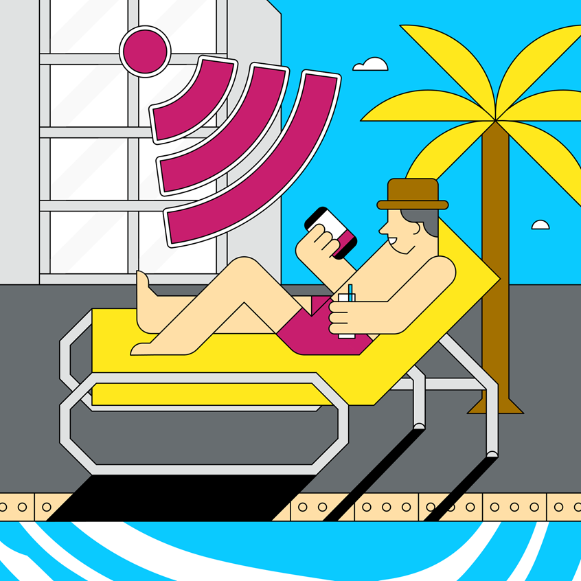 illustration of vacation, tech, phone, relaxation, relax, holiday, summer, cocktail, man, poolside, pool, palm tree, wifi, technology, advertising, graphic, people, animation, iPhone, poster, tourism, travel, graphic, editorial illustration, tech, colour, design, publishing, kids, people, play, advertising, graphic, people, animation, poster, editorial illustration, toys, games, children, branding, creative direction, advertising, magazines, publishing, children's books, books, character design, icons, icon,