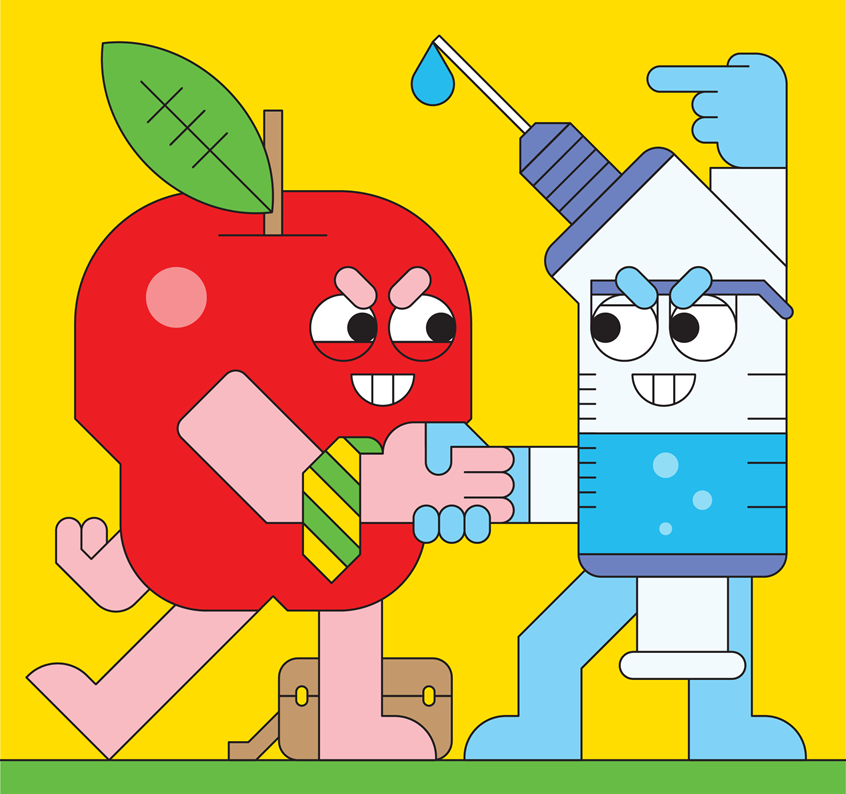 illustration of graphic, editorial illustration, tech, colour, design, publishing, kids, people, play, advertising, graphic, people, animation, poster, editorial illustration, health, healthcare, syringe, doctors, medical, apple, fruit, diet, fitness, branding, creative direction, advertising, magazines, publishing, children's books, books, character design,