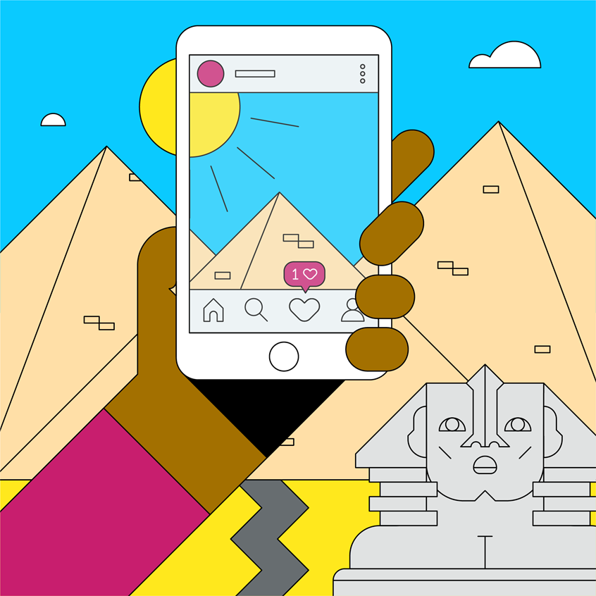 illustration of vacation, tech, phone, relaxation, relax, holiday, summer, cocktail, man, poolside, pool, palm tree, wifi, technology, advertising, graphic, people, animation, iPhone, poster, tourism, travel, Egypt, historical, pyramids, editorial illustration, branding, creative direction, advertising, magazines, publishing, children's books, books, screen, landmark,