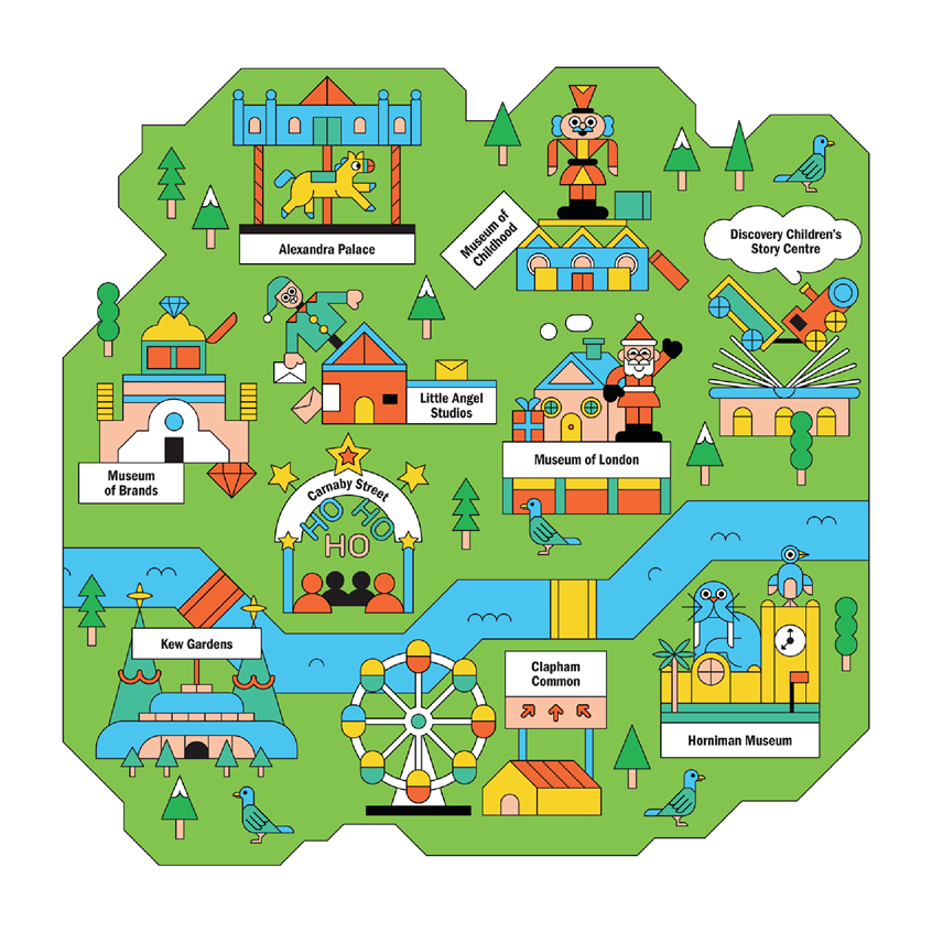 illustration of map, aerial view, funfair, park, outdoors, playpark, themepark, nature, outdoors, family, children, landscape, chart, infographic, editorial illustration, branding, creative direction, advertising, magazines, publishing, children's books, books, toys, games,