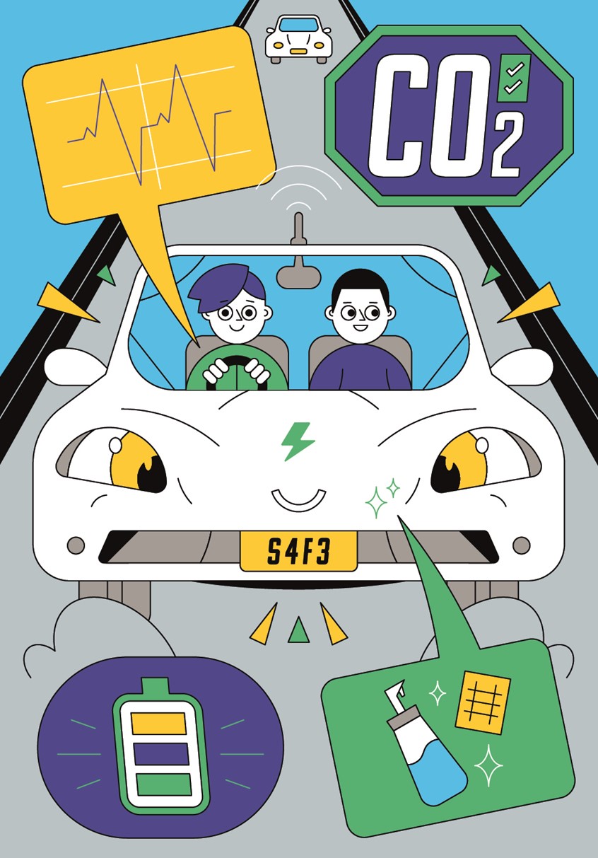 illustration of driving, people, automotive, environment, road, accident, danger, infographic, transportation, car, Tesla, technology, editorial, magazines, warning, travel, co2, pollution, eco, worry,