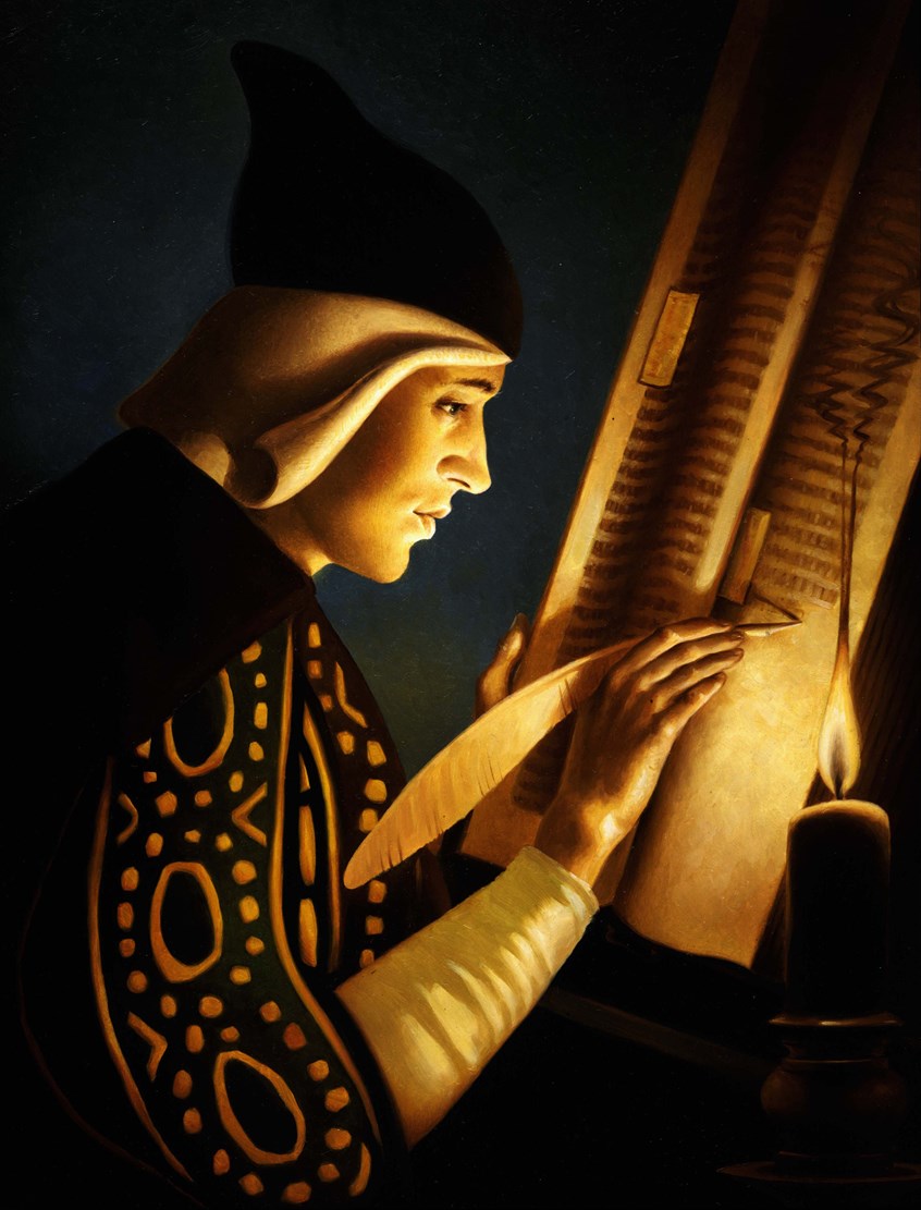 illustration of F/C illustration of scribe at work done on George de La Tour style, oil painting, acrylic painting, montage, editorial, historical paintings, book covers, portraits, people, architecture, landscapes, religious paintings, social studies.