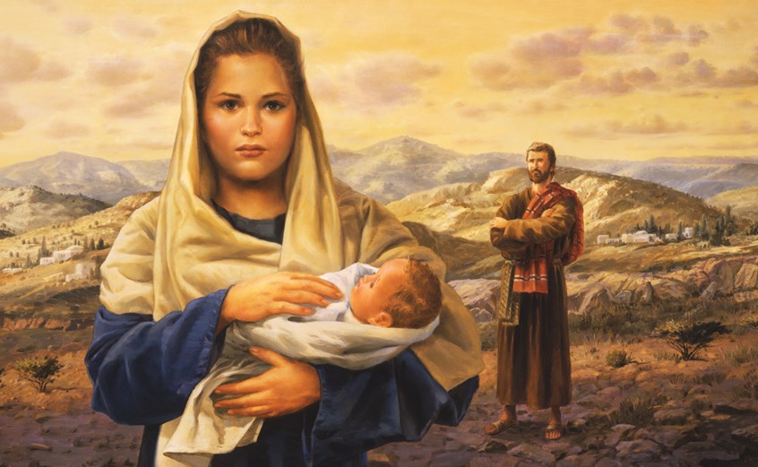 illustration of F/C illustration of Mary and Jesus with Joseph in the background, oil painting, acrylic painting, montage, editorial, historical paintings, book covers, portraits, people, architecture, landscapes, religious paintings, social studies.