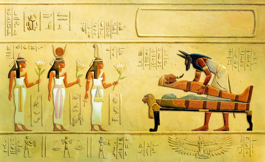 illustration of F/C illustration depicting Egyptian Funerary Art,, oil painting, acrylic painting, montage, editorial, historical paintings, book covers, portraits, people, architecture, landscapes, religious paintings, social studies, education.