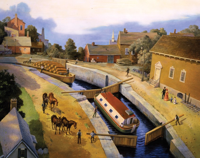 illustration of F/C illustration depicting how to boat through canals and locks, acrylic painting, montage, editorial, historical paintings, book covers, portraits, people, architecture, landscapes, religious paintings, social studies, education.