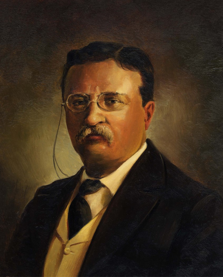 illustration of F/C illustration of portrait of Theodor Roosevelt, acrylic painting, montage, editorial, historical paintings, book covers, portraits, people, architecture, landscapes, religious paintings, social studies, education.