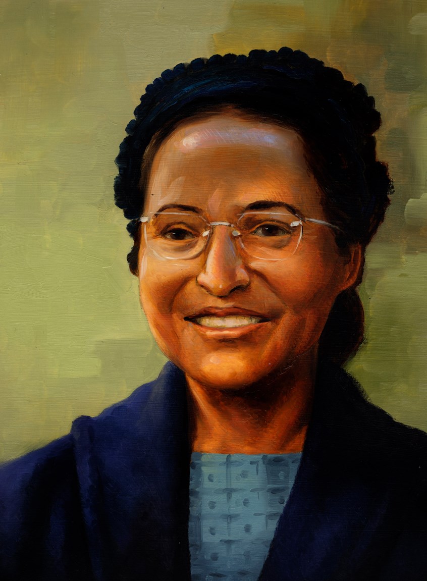 illustration of F/C illustration of portrait of Rosa Parks, acrylic painting, montage, editorial, historical paintings, book covers, portraits, people, architecture, landscapes, religious paintings, social studies, education.
