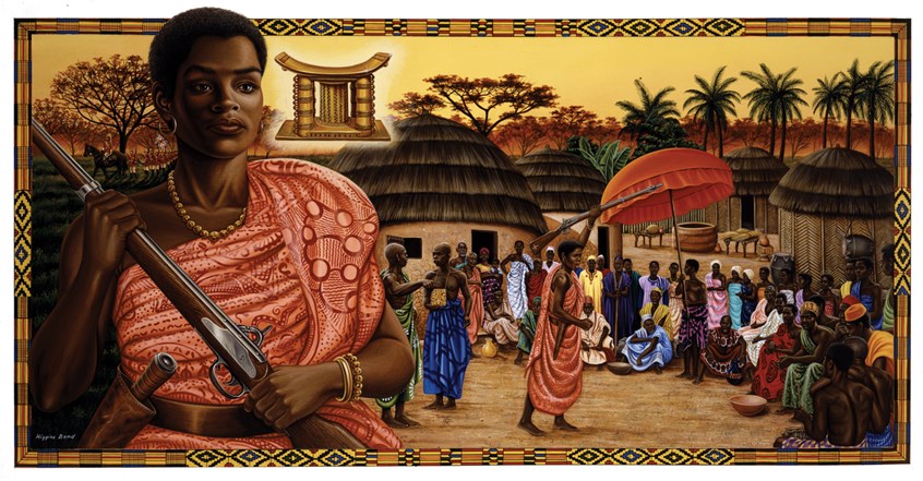 illustration of F/C illustration of African Woman and traditional village in the background, oil panting, acrylic painting, mixed media, montage, portrait, people, historical images, editorial, book covers, celebrities, realism, photorealism, magazines, children, children books, afro American historical celebrities, animals.