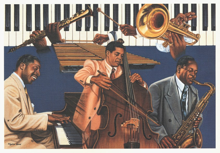 illustration of F/C illustration of montage of the jazz players Erroll Garner, Charles Mingus and Coleman Hawkins done for the USPS, oil panting, acrylic painting, mixed media, montage, portrait, people, historical images, editorial, book covers, celebrities, realism, photorealism, magazines, children, children books, afro American historical celebrities, animals.