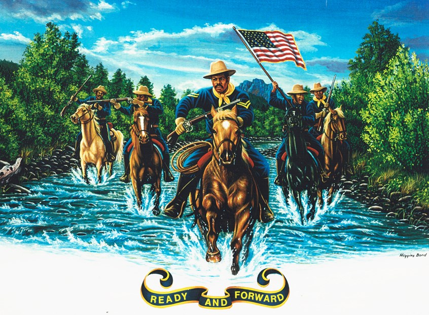 illustration of F/C illustration depicting Afro American Cavalry Men charging, oil panting, acrylic painting, mixed media, montage, portrait, people, historical images, editorial, book covers, celebrities, realism, photorealism, magazines, children, children books, afro American historical celebrities, animals.