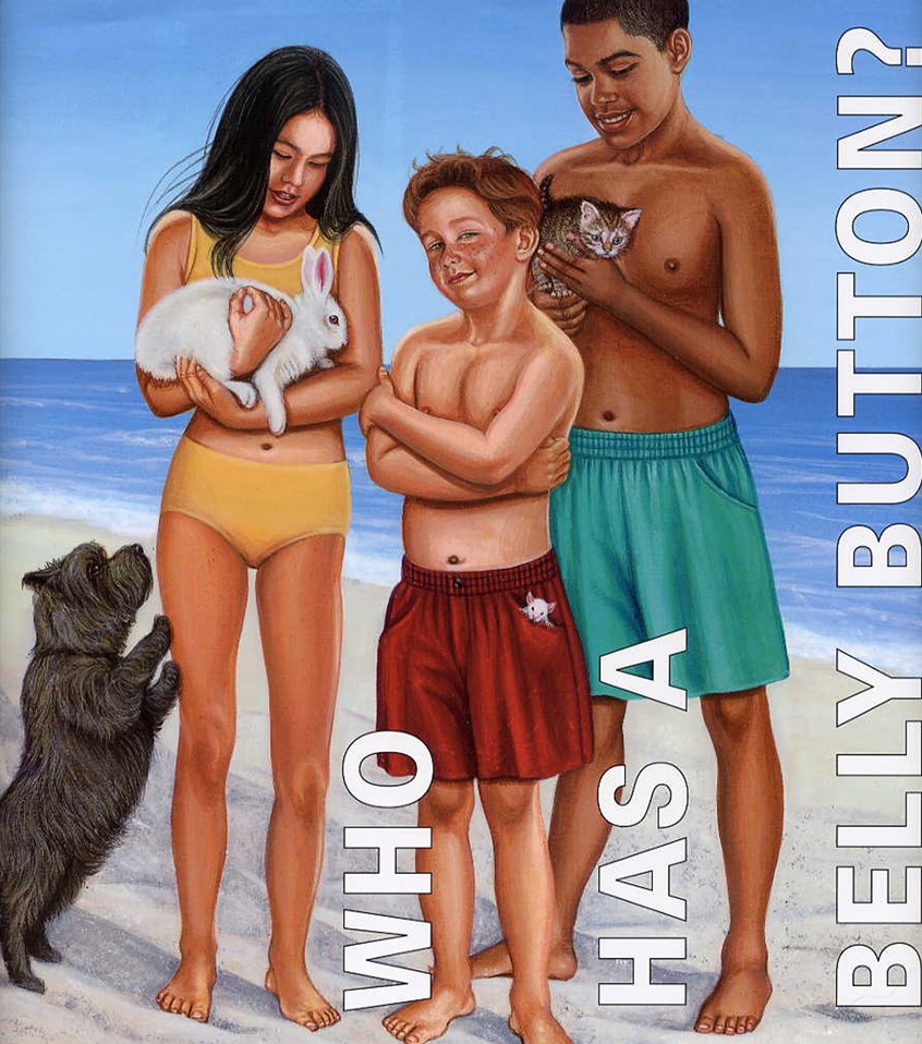 illustration of F/C illustration of children and animals for the book cover Who Has A Belly Button?, oil panting, acrylic painting, mixed media, montage, portrait, people, historical images, editorial, book covers, celebrities, realism, photorealism, magazines, children, children books, afro American historical celebrities, animals.
