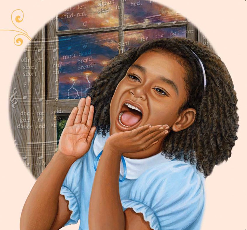 illustration of F/C illustration of little girl singing for the book Lorraine, oil panting, acrylic painting, mixed media, montage, portrait, people, historical images, editorial, book covers, celebrities, realism, photorealism, magazines, children, children books, afro American historical celebrities, animals.
